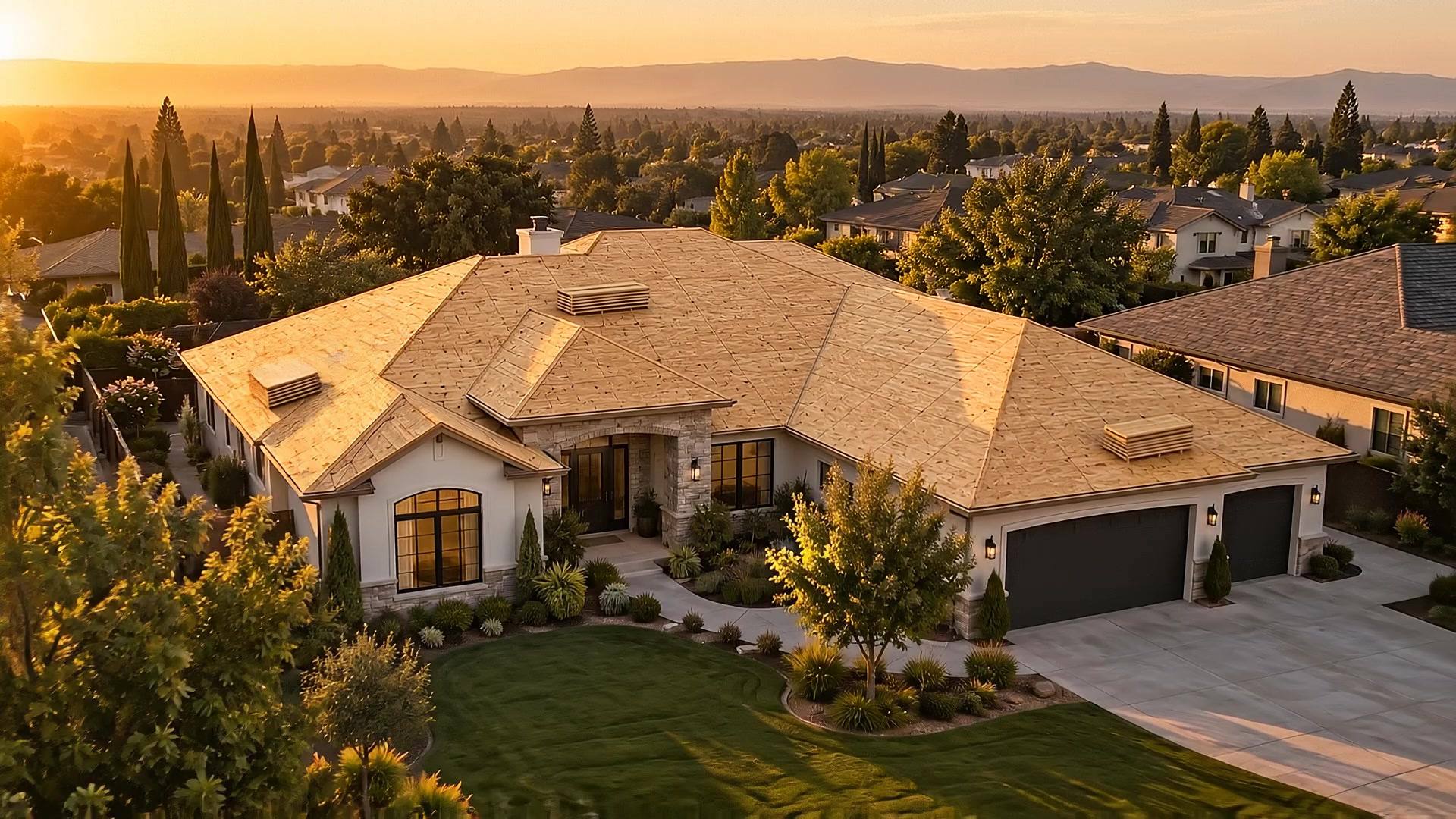 Fresno home at golden hour, roof about to be built